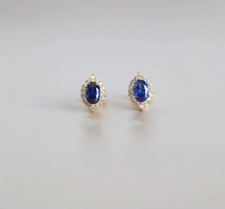 14K Gold Blue Ellipse Crystal Zircon Earrings