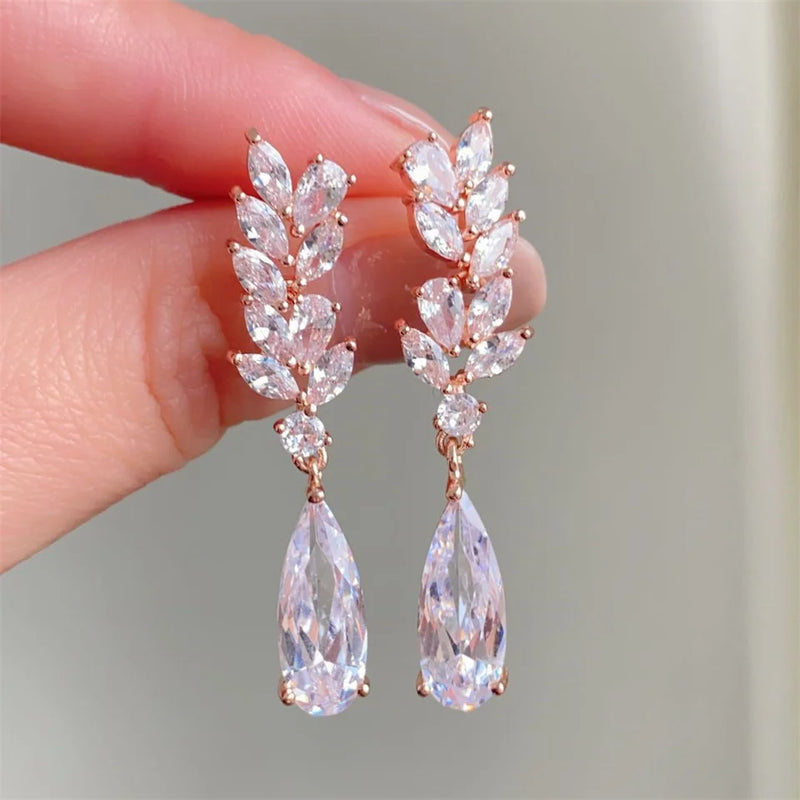 Zircon Leaf Dangle Earrings