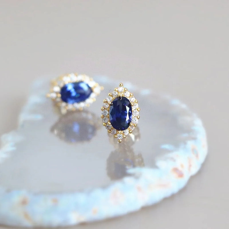 14K Gold Blue Ellipse Crystal Zircon Earrings