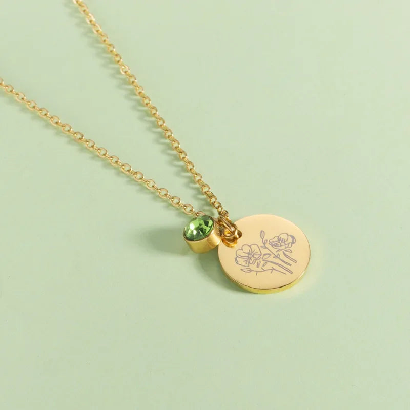 Birth Month Flowers Pendant Necklace with Birthstone