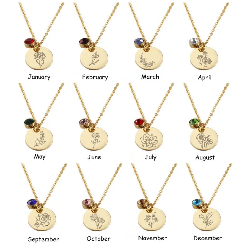 Birth Month Flowers Pendant Necklace with Birthstone