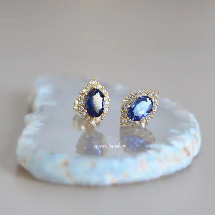 14K Gold Blue Ellipse Crystal Zircon Earrings